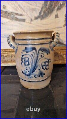 ANTIQUE STONEWARE CROCK COBALT BLUE POTTERY JAR PRIMITIVE SALT GLAZED 1800s