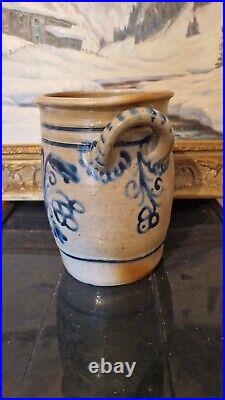 ANTIQUE STONEWARE CROCK COBALT BLUE POTTERY JAR PRIMITIVE SALT GLAZED 1800s