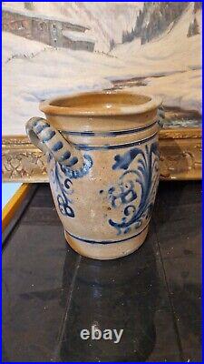 ANTIQUE STONEWARE CROCK COBALT BLUE POTTERY JAR PRIMITIVE SALT GLAZED 1800s