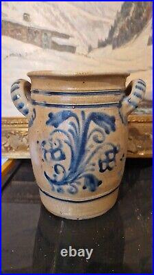 ANTIQUE STONEWARE CROCK COBALT BLUE POTTERY JAR PRIMITIVE SALT GLAZED 1800s