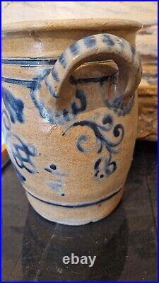 ANTIQUE STONEWARE CROCK COBALT BLUE POTTERY JAR PRIMITIVE SALT GLAZED 1800s