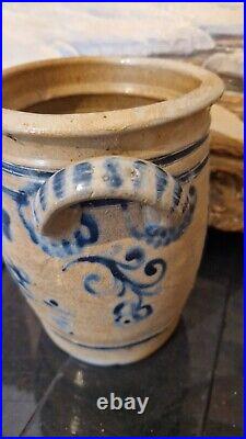 ANTIQUE STONEWARE CROCK COBALT BLUE POTTERY JAR PRIMITIVE SALT GLAZED 1800s