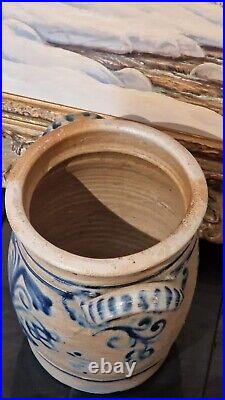 ANTIQUE STONEWARE CROCK COBALT BLUE POTTERY JAR PRIMITIVE SALT GLAZED 1800s