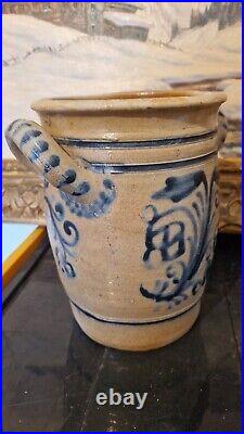 ANTIQUE STONEWARE CROCK COBALT BLUE POTTERY JAR PRIMITIVE SALT GLAZED 1800s