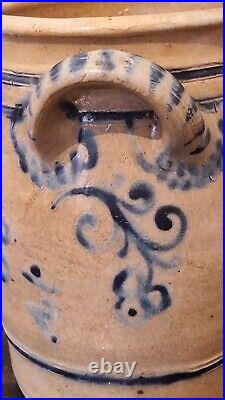 ANTIQUE STONEWARE CROCK COBALT BLUE POTTERY JAR PRIMITIVE SALT GLAZED 1800s