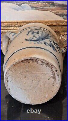 ANTIQUE STONEWARE CROCK COBALT BLUE POTTERY JAR PRIMITIVE SALT GLAZED 1800s