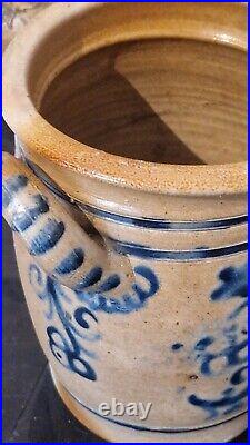 ANTIQUE STONEWARE CROCK COBALT BLUE POTTERY JAR PRIMITIVE SALT GLAZED 1800s