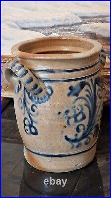 ANTIQUE STONEWARE CROCK COBALT BLUE POTTERY JAR PRIMITIVE SALT GLAZED 1800s