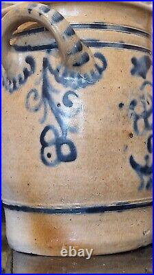 ANTIQUE STONEWARE CROCK COBALT BLUE POTTERY JAR PRIMITIVE SALT GLAZED 1800s