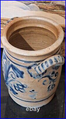 ANTIQUE STONEWARE CROCK COBALT BLUE POTTERY JAR PRIMITIVE SALT GLAZED 1800s