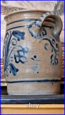 ANTIQUE STONEWARE CROCK COBALT BLUE POTTERY JAR PRIMITIVE SALT GLAZED 1800s