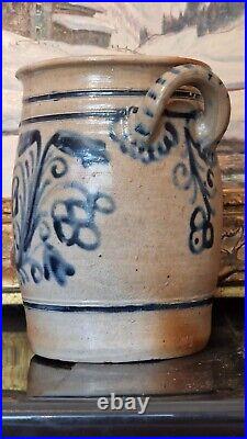 ANTIQUE STONEWARE CROCK COBALT BLUE POTTERY JAR PRIMITIVE SALT GLAZED 1800s