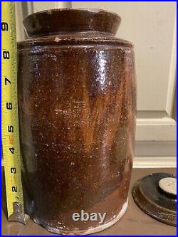 ANTIQUE STONEWARE JUG Jar Churn Crock Brown Pottery Alkaline Glaze Applied
