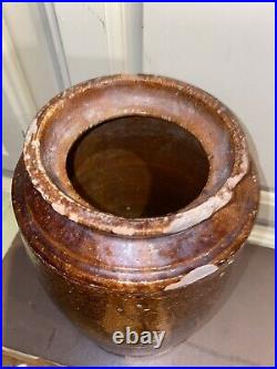 ANTIQUE STONEWARE JUG Jar Churn Crock Brown Pottery Alkaline Glaze Applied