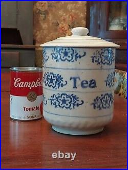 A. E. Hull Blue White STENCILED Stoneware SNOWFLAKE Canister TEA with Lid