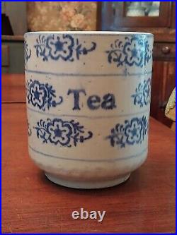 A. E. Hull Blue White STENCILED Stoneware SNOWFLAKE Canister TEA with Lid