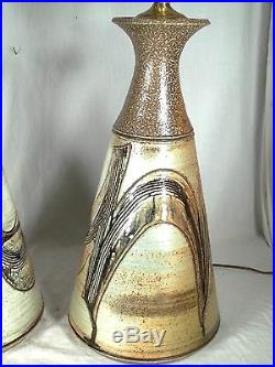 A Grand Pair Of MID Century Modern Art Pottery Decorated Stoneware Lamps