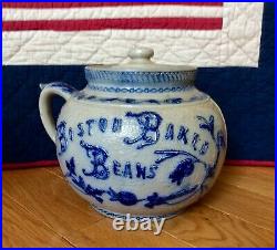 Aafa 19th C. Rare Blue Decorated Stoneware Boston Baked Beans Crock