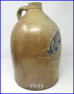 Antique 1800's Bold, Blue Decorated Stoneware Jug Blue Feather 2 Gallons WOWZA