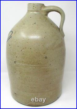 Antique 1800's Bold, Blue Decorated Stoneware Jug Blue Feather 2 Gallons WOWZA