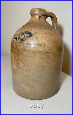 Antique 1800's handmade stoneware salt glazed cobalt pottery jug vase with handle