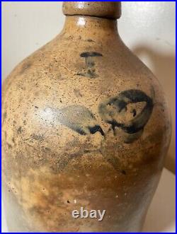 Antique 1800's handmade stoneware salt glazed cobalt pottery jug vase with handle