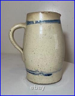 Antique 1800's handmade stoneware salt glazed pitcher pottery jug vase with handle