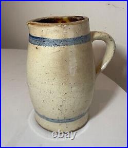 Antique 1800's handmade stoneware salt glazed pitcher pottery jug vase with handle