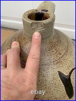 Antique 1800s Salt Glaze Stoneware 5 Gallon Jug with Handle- Cobalt & Tobacco Spit