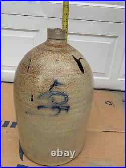 Antique 1800s Salt Glaze Stoneware 5 Gallon Jug with Handle- Cobalt & Tobacco Spit