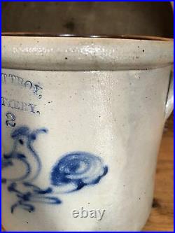 Antique 1800s West Troy Pottery NY Stoneware Crock Cobalt Bird On Flower 2 Gal