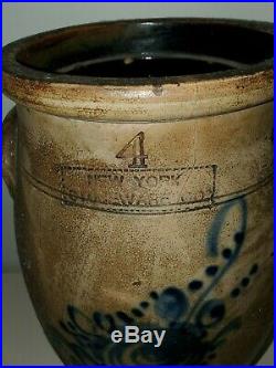 Antique 1860 New York Stoneware Large Floral Churn Jug Vase Pottery Earthenware