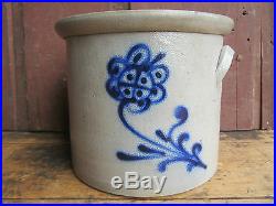 Antique 1865 SMALL 1 Gallon Blue Flower Decorated Salt Glazed Stoneware Crock