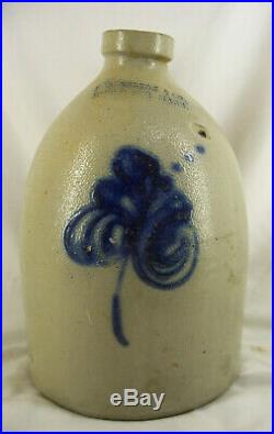 Antique 1870 F B Norton Cobalt Blue Floral Stoneware Pottery Jug