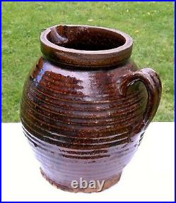 Antique 18th C REDWARE Primitive Ovoid PITCHER Pot JUG Crock Manganese Stoneware