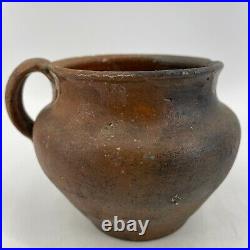 Antique 18th C Redware Stoneware Primitive Ovoid Pot Jug Crock Applied Handle
