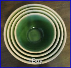 Antique 1915 Era 421 HULL Stoneware Pottery 4 Piece Green Nesting Utility Bowls