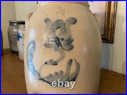 Antique 19th C Cobalt Blue Flower Decorated Stoneware 2 gallon Crock. Incised 2