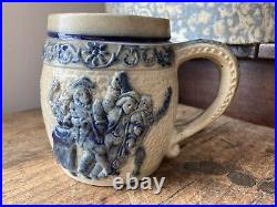 Antique 19th C Stoneware Beer Stein Mug Cobalt Blue Tempt Adam w Bavarian Beer