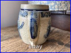 Antique 19th C Stoneware Beer Stein Mug Cobalt Blue Tempt Adam w Bavarian Beer