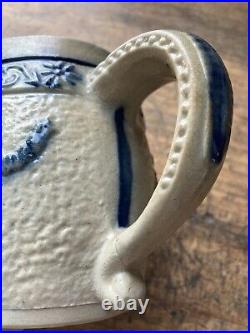 Antique 19th C Stoneware Beer Stein Mug Cobalt Blue Tempt Adam w Bavarian Beer