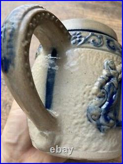 Antique 19th C Stoneware Beer Stein Mug Cobalt Blue Tempt Adam w Bavarian Beer