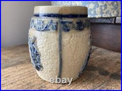 Antique 19th C Stoneware Beer Stein Mug Cobalt Blue Tempt Adam w Bavarian Beer