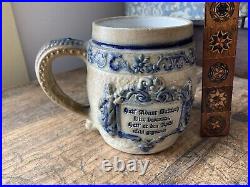 Antique 19th C Stoneware Beer Stein Mug Cobalt Blue Tempt Adam w Bavarian Beer