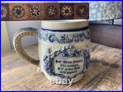 Antique 19th C Stoneware Beer Stein Mug Cobalt Blue Tempt Adam w Bavarian Beer