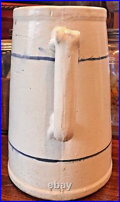 Antique 19th C. Stoneware Salt Glazed Pitcher Pottery Jug Blue Bands
