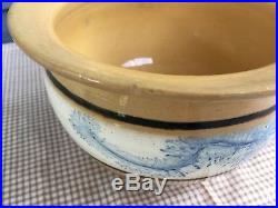 Antique 19th C Yellow Ware Blue Seaweed Mocha Chamber Pot 4 1/2