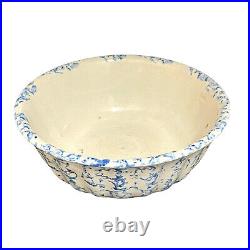 Antique 19th Century Blue White Spongeware Fluted Paneled 10-18 Bowl Stoneware