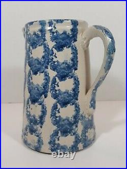 Antique 19th Century Spongeware Stoneware Pottery Pitcher Blue and White Rings