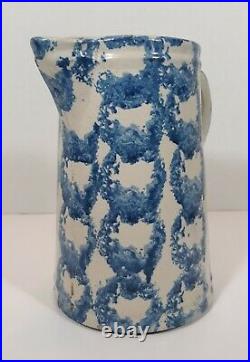 Antique 19th Century Spongeware Stoneware Pottery Pitcher Blue and White Rings